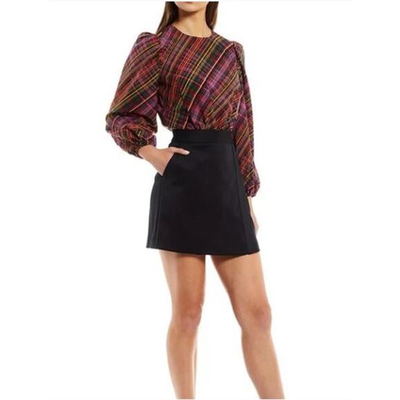 LDT NEW $199 Ivonne Plaid 3/4 Puff Sleeve Mini‎ Dress Black Multi Size 10 - Picture 1 of 6